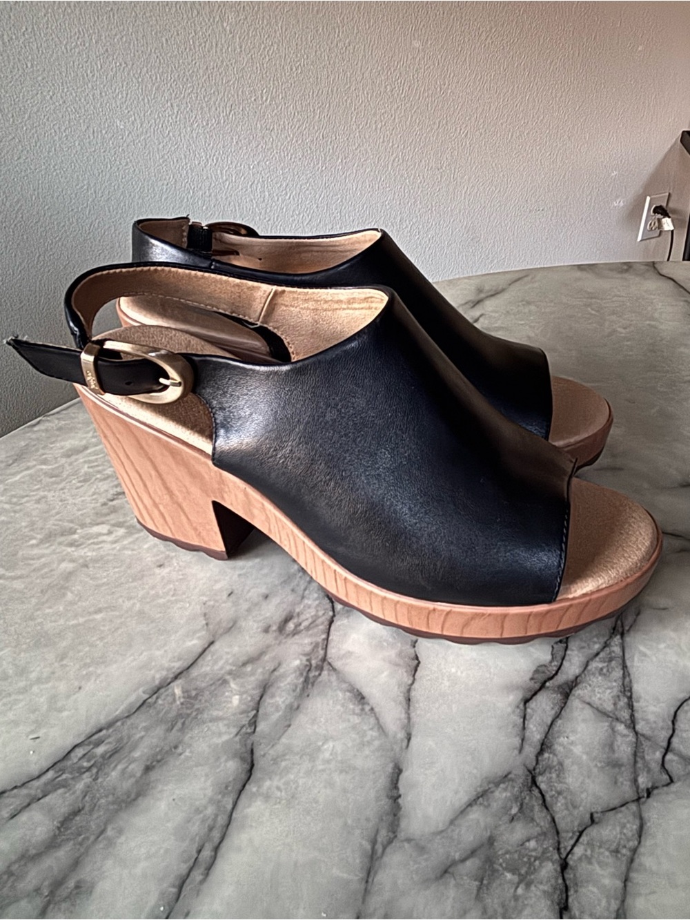 Dr. Scholl’s Black Leather Slingback Platform Sandals with Wood-Effect Heel Sz 9